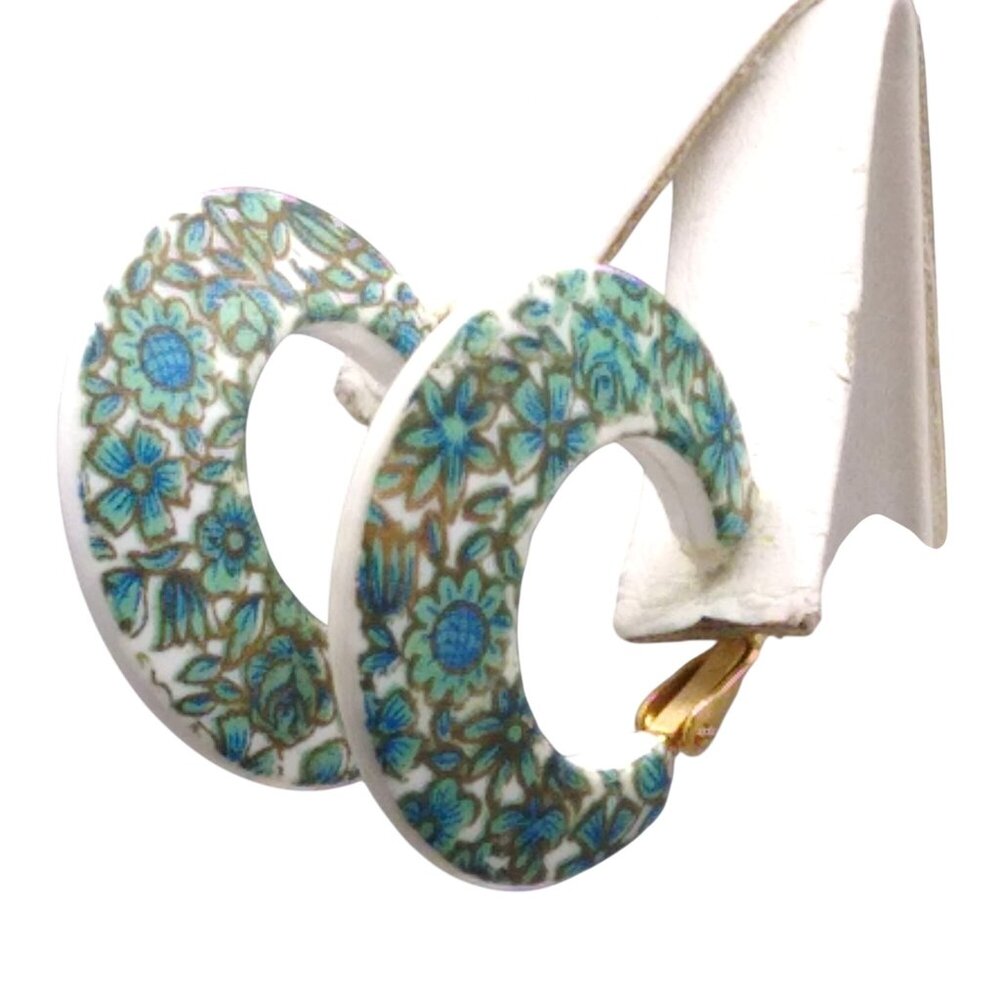Vintage Floral Plastic Hoop Earrings, Retro Blue and Green Flowers, Hong Kong